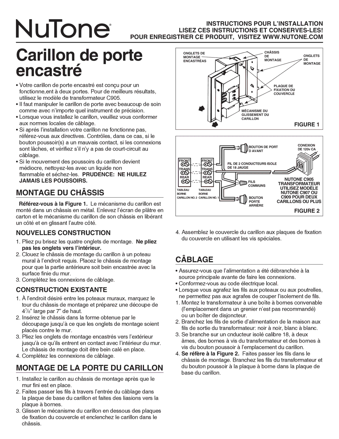 NuTone LA14WH Montage Du Châssis, Montage De La Porte Du Carillon, Câblage, Nouvelles Construction, Construction Existante 